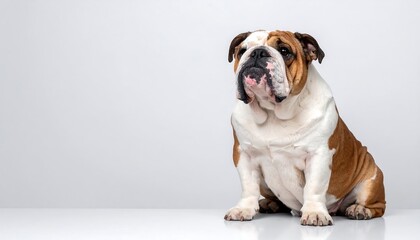 Obraz premium A seated, stocky dog with a brown and white coat, gazing upward against a minimalist white background