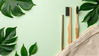 Flat Lay of Eco-Friendly Objects on Pastel Background – Sustainable Lifestyle Stock Photo