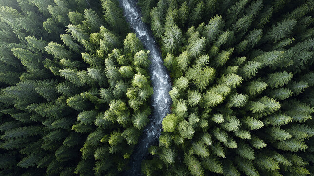 Aerial view showcases a river flowing through a dense forest of evergreen trees. It evokes nature, conservation, and wilderness. Ideal for travel, environmental, or landscape related themes.