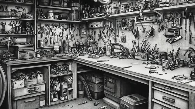 Cluttered Workshop with Tools and Supplies on Shelves