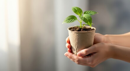 Hands Gently Holding Small Green Plant Seedling in Biodegradable Pot Symbolizing Growth and Environmental Care