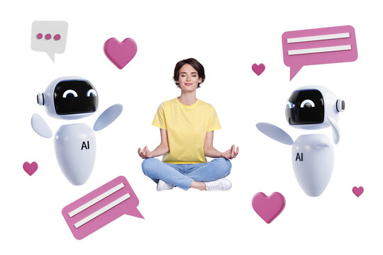 Composite trend artwork 3D sketch photo collage of robot assistant artificial intellect young lady meditate om zen speech cloud heart - Powered by Adobe