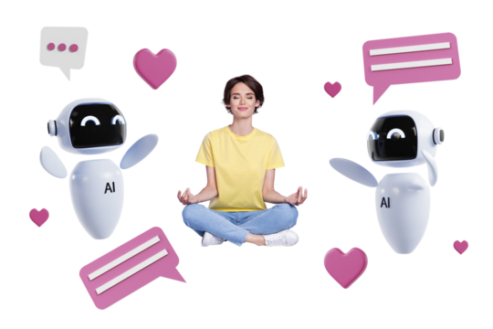Composite trend artwork 3D sketch photo collage of robot assistant artificial intellect young lady meditate om zen speech cloud heart