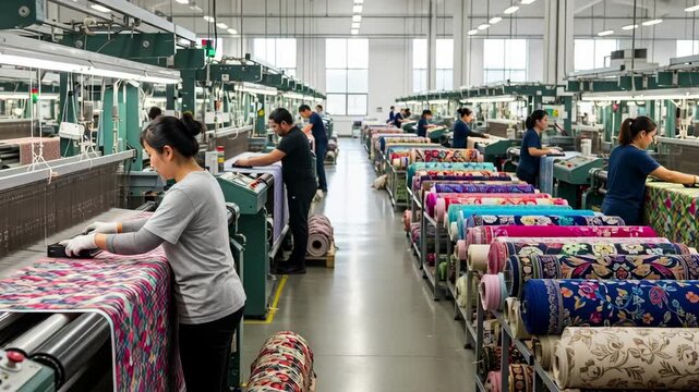 Fabric factory buzzes with activity as workers weave colorful textiles, creating a vibrant scene of industry and craftsmanship in a modern manufacturing space