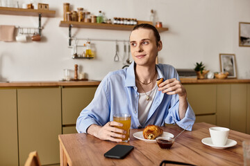 Fototapeta premium Charming young man enjoys breakfast in a cozy cafe setting with light and warmth