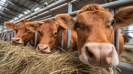 Close Up of Dairy Cows Eating Fresh Hay in a Modern Indoor Barn Setting