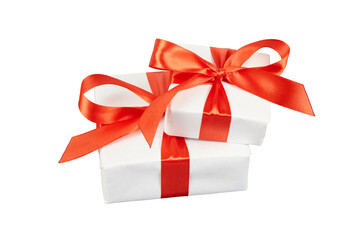 stack of white christmas gift boxes with red ribbon bow isolated on white or transparent png