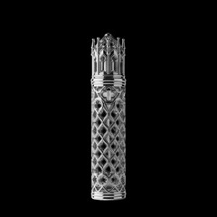 Ornate golden cylindrical perfume atomizer with intricate lattice design isolated on transparent background