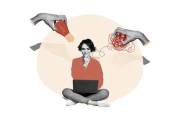 Composite trend artwork sketch photo collage of poster young lady student work laptop hand hold line mess lamp electricity idea creative