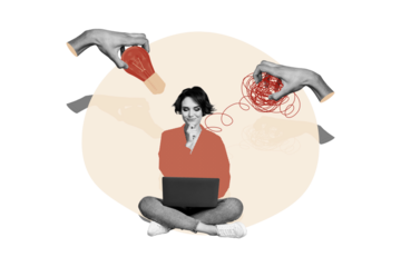 Composite trend artwork sketch photo collage of poster young lady student work laptop hand hold line mess lamp electricity idea creative