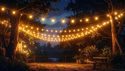 Obraz premium Warm Night Scene with Glowing String Lights Hanging from Trees in a Backyard Garden with Lush Greenery and Wooden Bench with Ambient Lighting