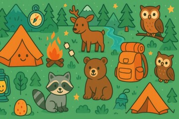 Seamless camping cartoon pattern for kids with tents, campfires, and animals in playful colors for adventurous outdoor-themed decor. Generative AI