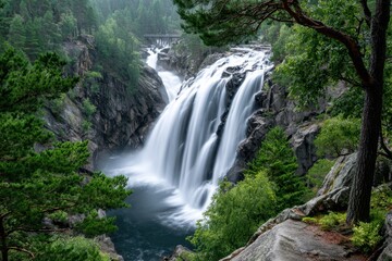 Fototapeta premium Majestic Waterfall Cascades Through Rocky Gorge in Lush Forest