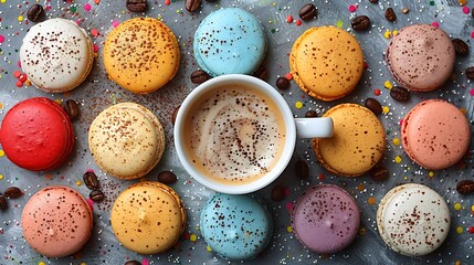 Colorful Macarons Arrayed Around a Cup of Coffee