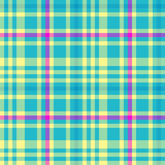 Blue vector texture fabric, artistic tartan seamless background. Wool pattern plaid check textile in cyan and yellow colors.