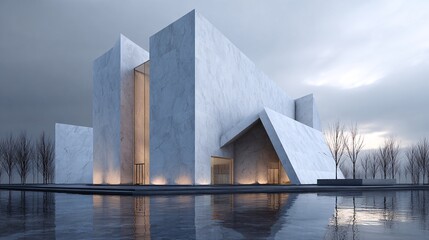 A modern museum with sharp geometric shapes and clean lines