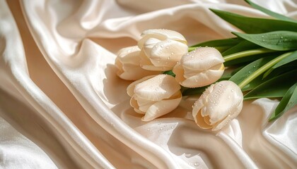 A delicate arrangement of creamy tulips rests upon flowing, champagne-colored silk, bathed in soft, natural light.