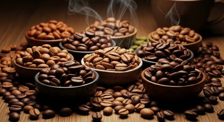 Fototapeta premium Variety of roasted coffee beans in wooden bowls with steam
