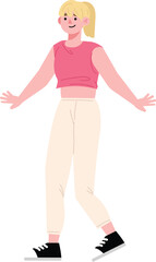 Cartoon Woman in Pink Top and White Pants with Black Sneakers.