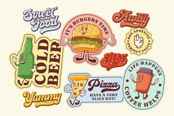 Groovy Burger Retro Character Stickers Set. Cartoon Hamburger, Pizza, Coffee, Beer Walking and Smiling. Vector Street Food Mascot Templates Patches Collection. Vintage Fast Food Illustrations Isolated