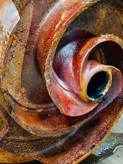 Rusty industrial turbine component showcasing intricate design and texture in a workshop setting
