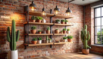 A wooden shelf unit with various succulents and cacti displays a modern industrial design against a brick wall.