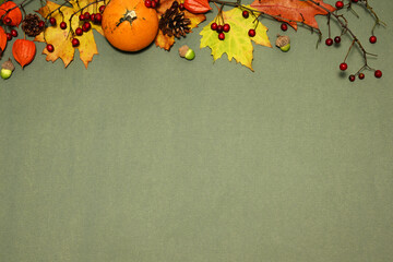 Autumnal frame on green background