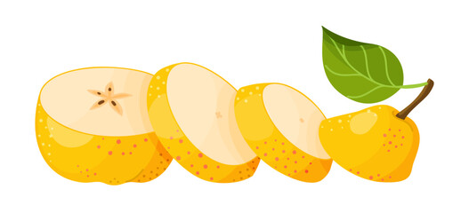 Sliced ​​yellow pear. Cross section of a cut fresh, juicy pear, fruit slices, hand drawn, trendy flat style, isolated on transparent background. for eco friendly, stickers, menu. Vector illustration.