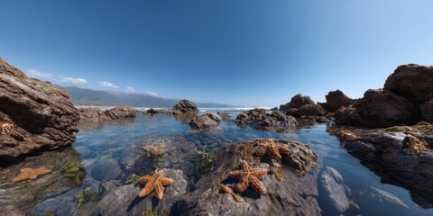 Obraz premium Tidal pool exploration rocky shore hdr panorama coastal environment wide angle view