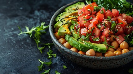 Delicious Healthy Chickpea Avocado Salad Bowl with Fresh Tomatoes and Greens