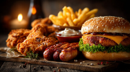 High-Quality Burger Imagery. fresh juicy cheeseburger with sausages and chicken on a wooden board
