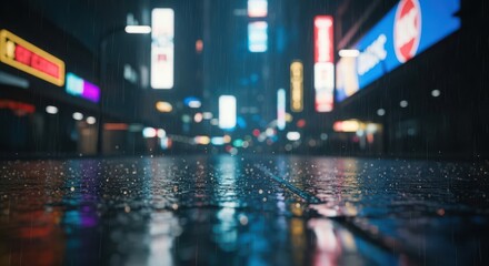 Vibrant City Street Scene at Night in the Rain