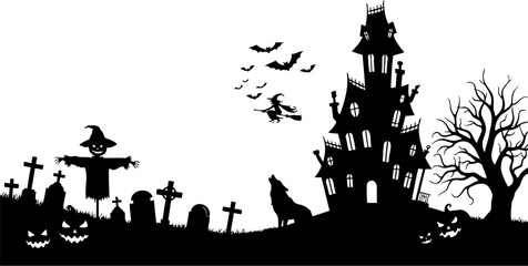 Spooky Halloween Silhouette Haunted House, Witch, and Bats Under Creepy Night Sky