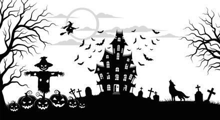 Gothic Halloween illustration of a mysterious haunted house, a witch flying across the full moon, howling wolf, and spooky graveyard
