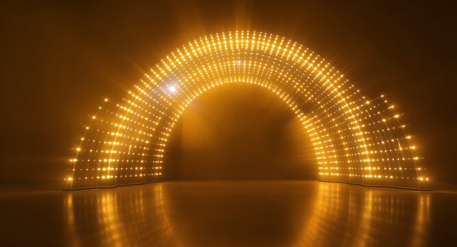 Golden archway of lights, illuminated entrance, glowing backdrop, stage design, event decor, celebration background, abstract light art, bright lights, modern design, digital art, 3d render, shin