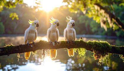 Three majestic cockatoos perch serenely on a branch bathed in golden sunlight, a tranquil scene by a serene lake.