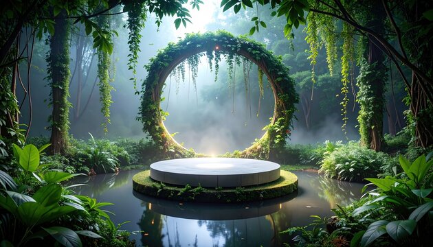 A lush, serene tropical forest setting featuring a circular stone platform surrounded by a tranquil pond and a verdant archway, bathed in soft, ethereal light.