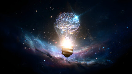 Brain and light bulb fusion floating in space. Concept image symbolizing knowledge, creativity, and future technology