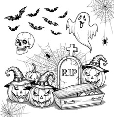 Hand-drawn collection of spooky Halloween design elements featuring a ghost, jack-o'-lanterns, a skull, and a tombstone