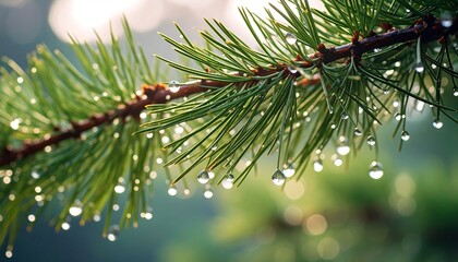 Dew-kissed pine needles sparkle with morning light, showcasing intricate details.