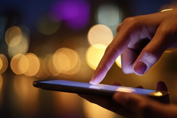 Point finger on screen phone closeup, person testing test message, touch blue screen on smartphone. Night Bokeh Light. Close-UP. Person using in hands mobile phone close up in the dark. Online wi-fi