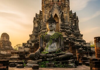 Fototapeta premium Ancient Ayutthaya Buddha statue, a timeless depiction of spiritual serenity amidst temple ruins