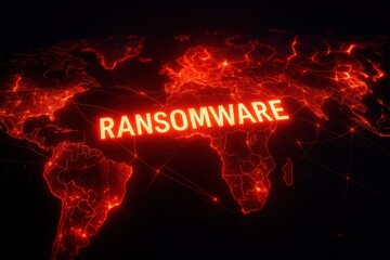 Global ransomware attack concept. Use for cybersecurity, digital threats, IT risk awareness, and global data protection marketing.
