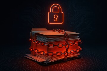 Red glowing folders under lock. Use for legal security, digital fraud prevention, secure transactions, and IT safety presentations.
