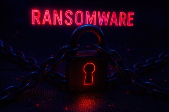 Glowing ransomware lock concept. Use for awareness posters, cybersecurity blogs, IT seminars, and corporate defense presentations.
