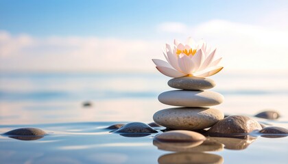 Serene scene of a delicate white lotus flower balanced on a stack of smooth stones resting on tranquil water.