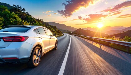 White Car Driving on Asphalt Road Through Mountainous Landscape at Golden Hour with Vivid Sunset Sky