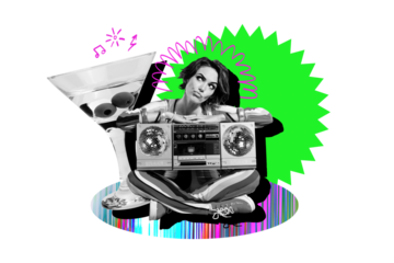 Composite trend artwork sketch photo collage of beige green vibrant color backdrop party clubber relax weekend lady sit boombox cocktail