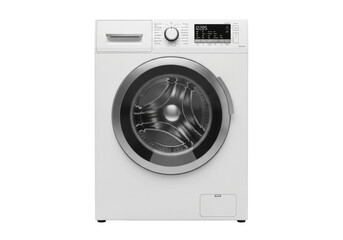 A modern white front-loading washing machine with a chrome door, digital display, and rotary dial, isolated on a seamless bright white studio background with copy space, concept for home appliance