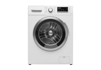 A modern white front-loading washing machine with a chrome door, digital display, and rotary dial, isolated on a seamless bright white studio background with copy space, concept for home appliance